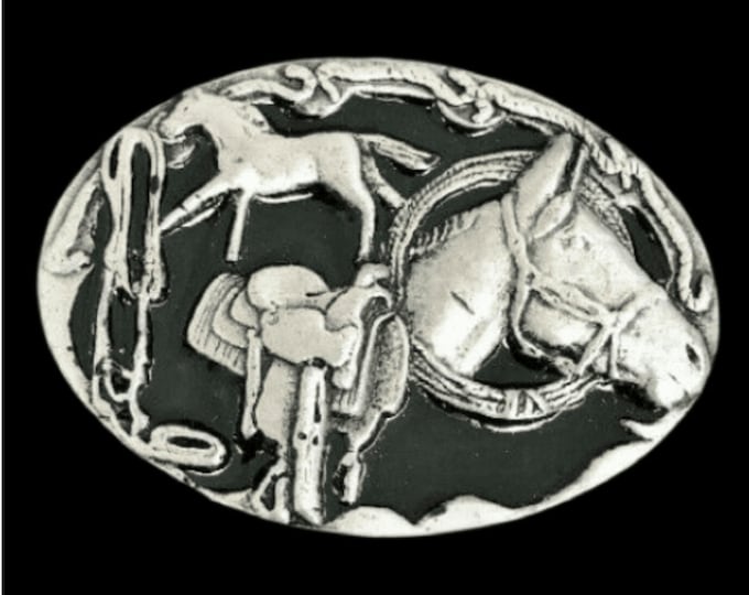Horse Horses Horseshoe Saddle Western Cowboy Black Enamel Metal Belt Buckle