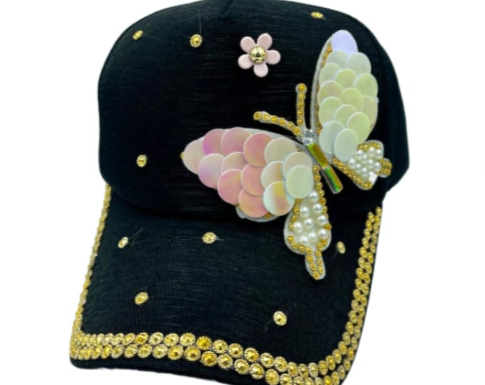 Women's Sequins Butterfly Hat Gold Bling Baseball Hat Sparkle Rhinestone Ballcap