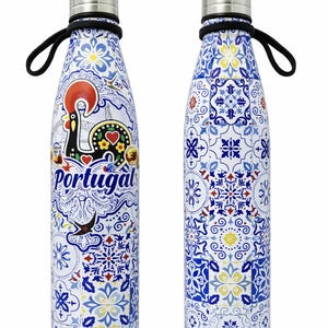 May include: A stainless steel water bottle with a decorative design. The front features a rooster illustration and the word "Portugal". The back has a blue and white tile pattern. It has a black carrying strap.