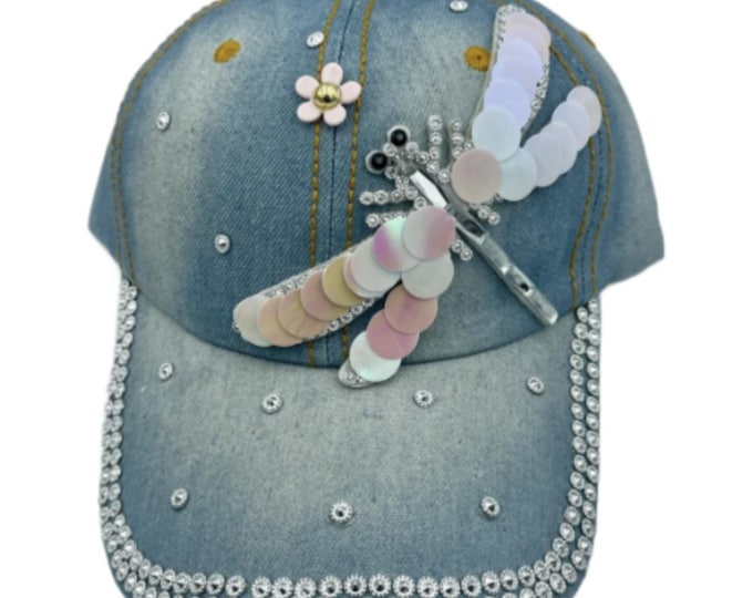 Women's Crystal Bling Over-Sized Dragonfly Cadet Cap Denim Baseball Hat