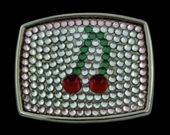 White Rhinestone Cherries Hot Cherry Pop Belt Buckle