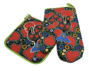 100% Cotton Galo de Barcelos Portuguese Portugal Oven Kitchen Glove Mitt Set