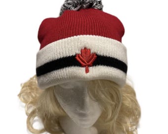 Red White Stripes Canada Mapleleaf Fashion Ski Pom Pom Winter Beanie Hats