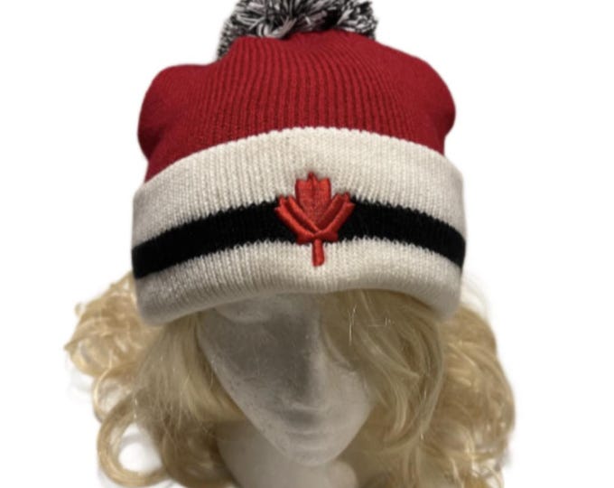 Red White Stripes Canada Mapleleaf Fashion Ski Pom Pom Winter Beanie Hats