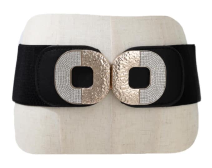 Women's Fashion Belt Black Elastic Band Bling Buckle