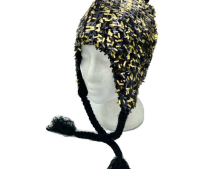 Gold Sequin Tassel Pom Pom Cap Hat Party Fun Festival Bling Glitter Shiny