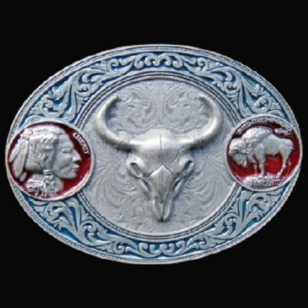 Five Cent Coin Buckle Indian Western Buffalo Longhorn Boucle de Ceinture