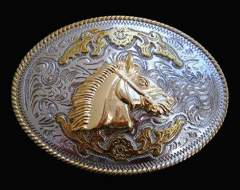 Two Toned Gold Silver Horse Horsehead Western Belt Buckle Buckles