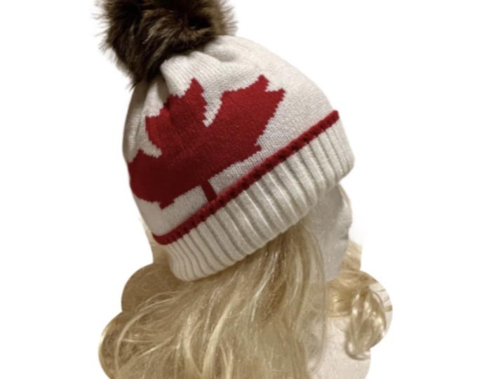 Unisex New Beanie Hat Tuque Winter Canada Maple Leaf Red Black Pom Pom Knitted