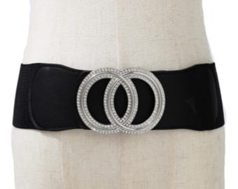 Women's Fashion Belt Black Elastic Band Bling Buckle