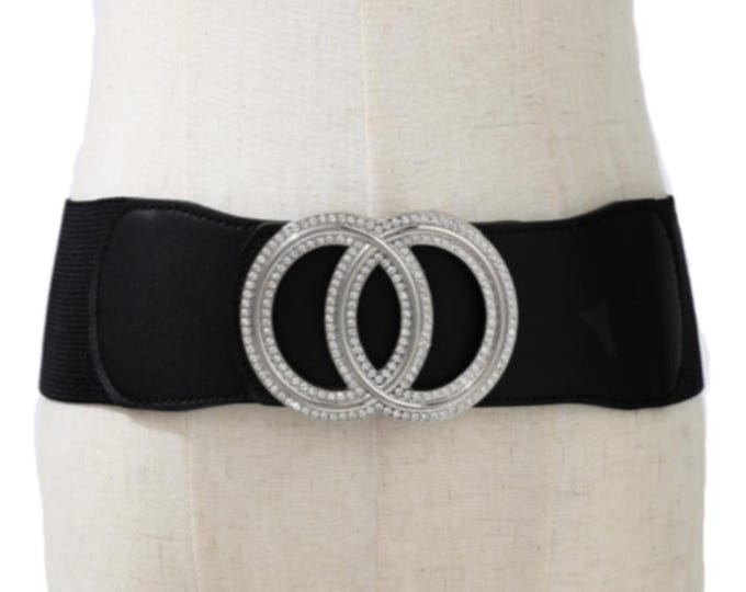 Women's Fashion Belt Black Elastic Band Bling Buckle