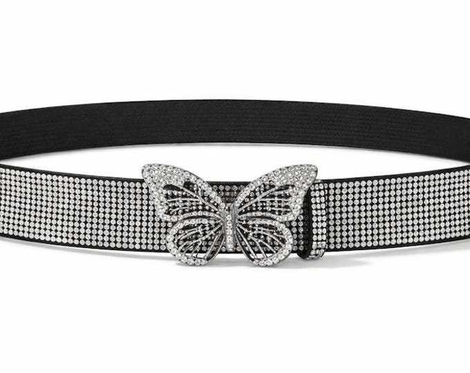 Women's Sparkling Rhinestone Bling Waist Fashion Belt Butterflyt-Shaped Buckle