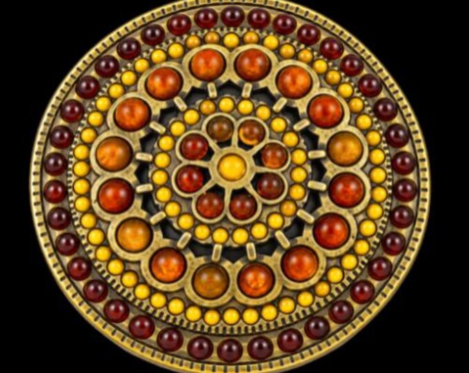 Yellow Maroon Brown Rhinestones Round Floral Belt Buckle