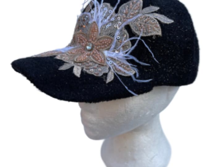 Women's Bling Hat Rhinestones Embellished Flower Floral Feather Adjustable Cap