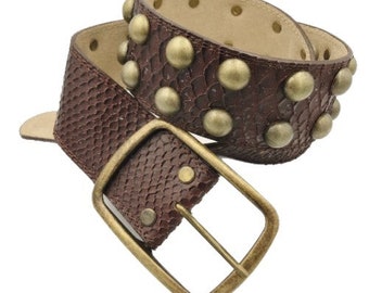 Bronze Studded Brown Belt Buckle Faux Snakeskin Pattern Finish Size Medium
