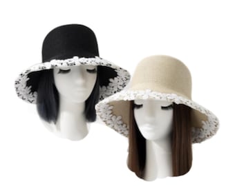 Summer Fashion Hat Women Ladies Wide Brim Beach Lace Trim Hat Sun Foldable