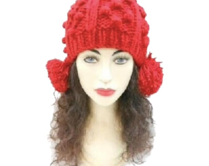 Women's Light Red Two Pom Pom Knitted Ladies Fashion Winter Ski Hat Beanie