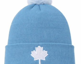 Turquoise Knit Beanie with Pom-Pom – Canada Maple Leaf Winter Hat