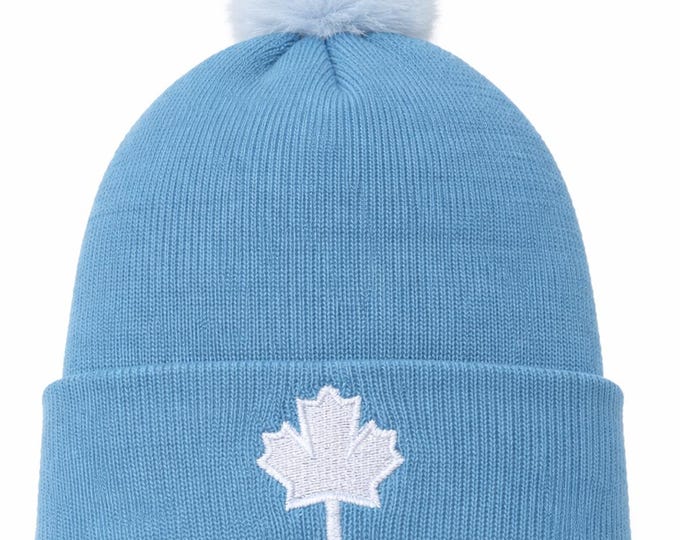 Turquoise Knit Beanie with Pom-Pom – Canada Maple Leaf Winter Hat