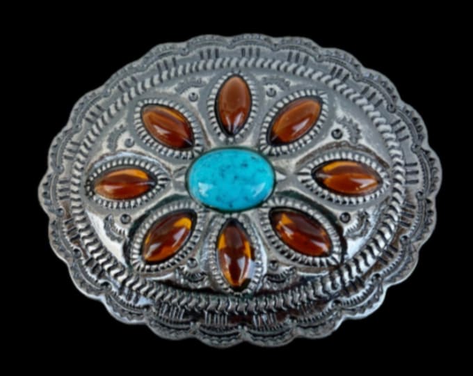 Blue Turquoise Stone Brown Rhinestone Petals Flower Floral Belt Buckle Buckles