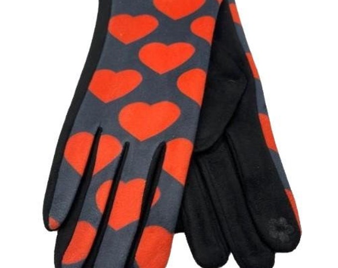 Red Hearts Print Women's Winter Fashion Gloves