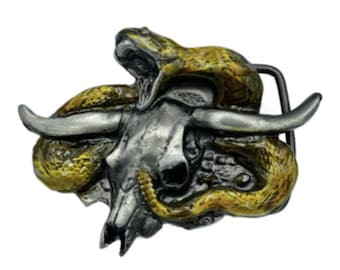 Longhorns Bull Skull Rattlesnake Snake Western Cowboy Belt Buckle