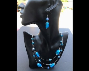 3 Strand Blue Glass Bead Necklace Dangle Pierced Earrings Fashion Jewelry