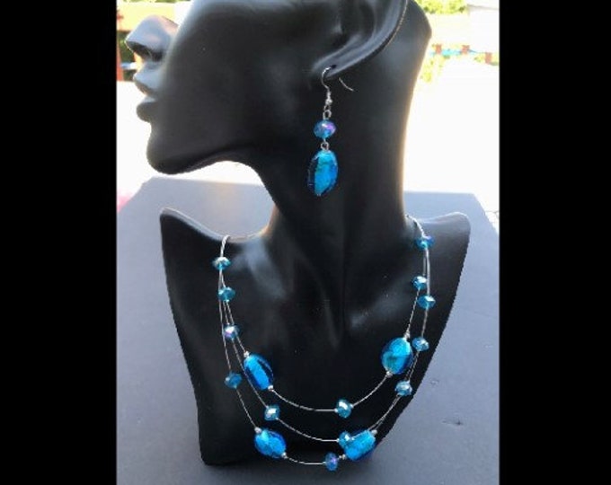 3 Strand Blue Glass Bead Necklace Dangle Pierced Earrings Fashion Jewelry