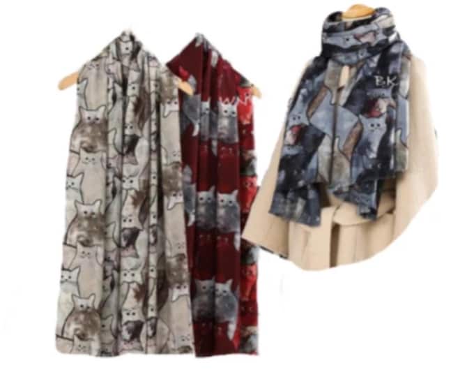 Ladies Double Sided Cat Pattern Scarf Evening Shawl Warm Winter Scarves
