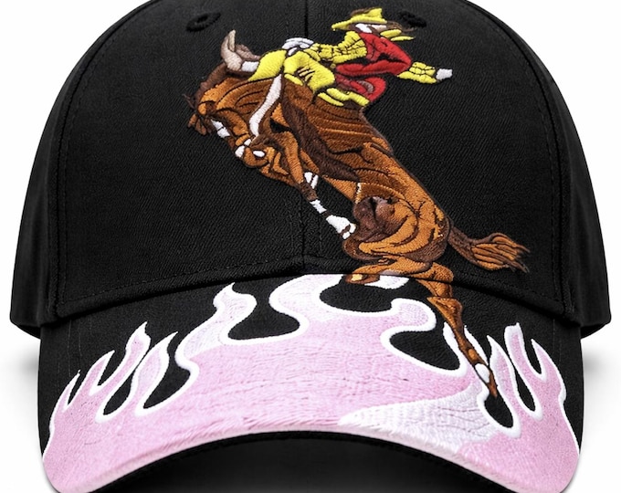 Western Bull Rider Embroidered Baseball Cap Black Hat Pink Flame Brim Cowboy