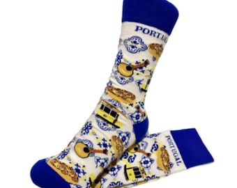 Portugal Souvenir Portuguese Print Socks Natas Fado Yellow Tram Unisex Gift
