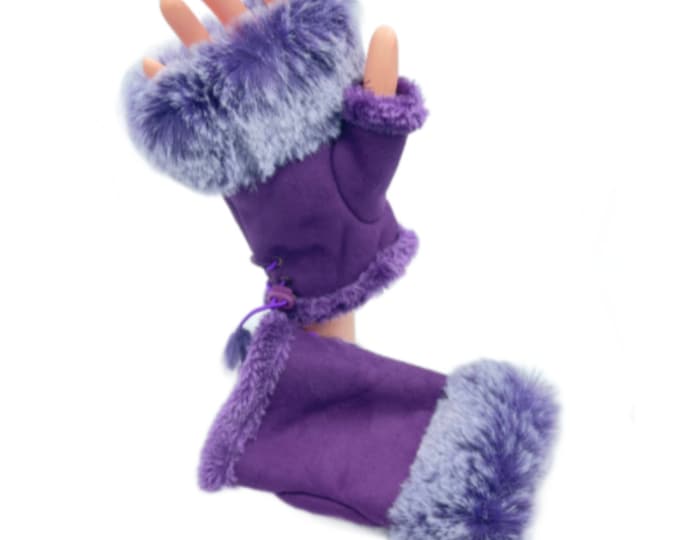 Women Winter Warmer Fingerless Gloves Faux Fur Suede Wrist Solid Mitten