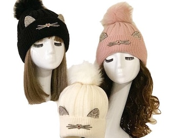 Cat Ears Bejeweled Studded Bling Silver Rhinestone Winter Tuque Hats