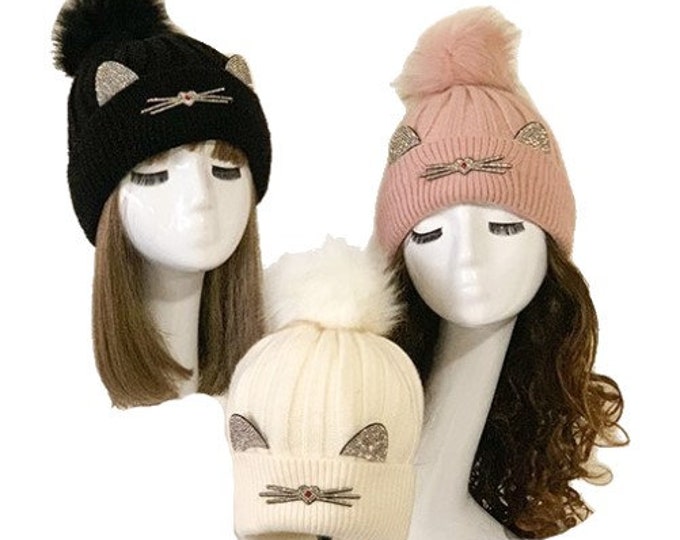 Cat Ears Bejeweled Studded Bling Silver Rhinestone Winter Tuque Hats