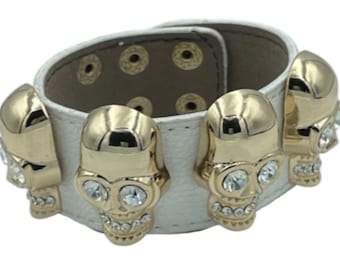 Unisex Punk Biker Gold Skull Purple Leather Bracelet Cuff Bangle Wristband