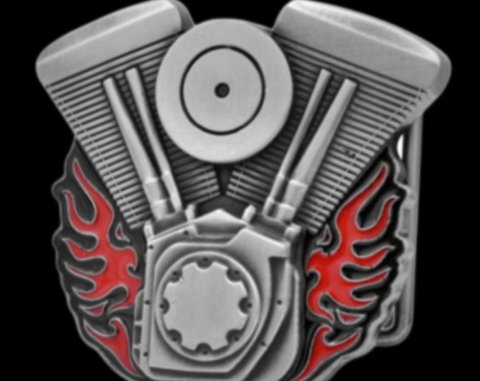 Unisex V-Twin Motorcycle Engine Bike Enamel Flames Belt Buckles