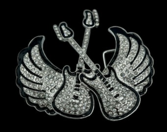 Rhinestone Guitars with Wings Music Belt Buckle