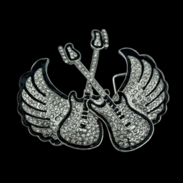 Rhinestone Guitars with Wings Music Belt Buckle