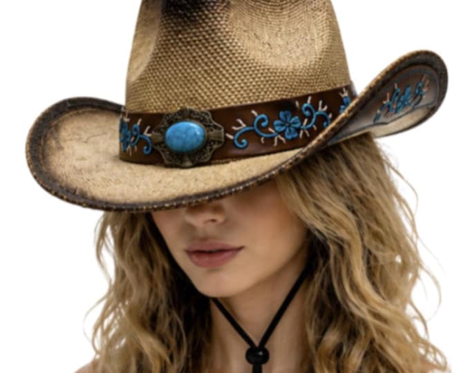 Quality Western Fashion Cowgirl Cowboy Straw Hat Embroidered Wide Brim Women Men