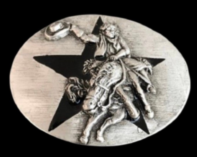 Horse Bull Rider Western Rodeo Cowboy Black Star Belt Buckle