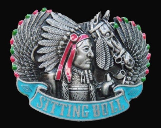 Sitting Bull Indian Chief Feathers Native American Belt Buckle Buckles