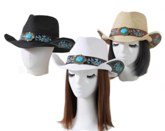 Quality Western Fashion Cowgirl Cowboy Straw Hat Embroidered Wide Brim Women Men