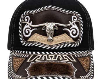 3D Longhorns Embroidered Faux Leather Western Hat Unique Design Mesh Back