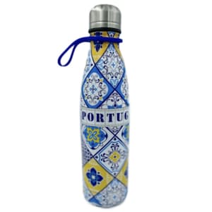 May include: A patterned water bottle featuring a design of blue, yellow, and white tiles. The word "PORTUG" is printed on the bottle. It has a silver cap and a blue carrying loop.