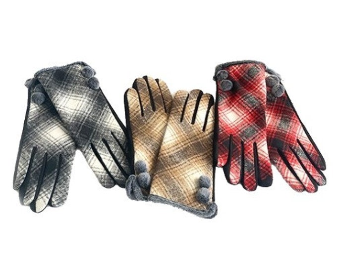 Women's Warm Plaid Check Pattern Smart Touch Screen Trim Winter Gloves