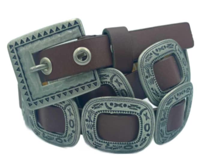 Brown Leather Concho Belt With Conchos Buckles