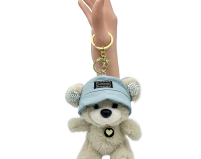 Bling Bling Teddy Bear Plush Stuffed Animal Keychains High Quality Blue Hat