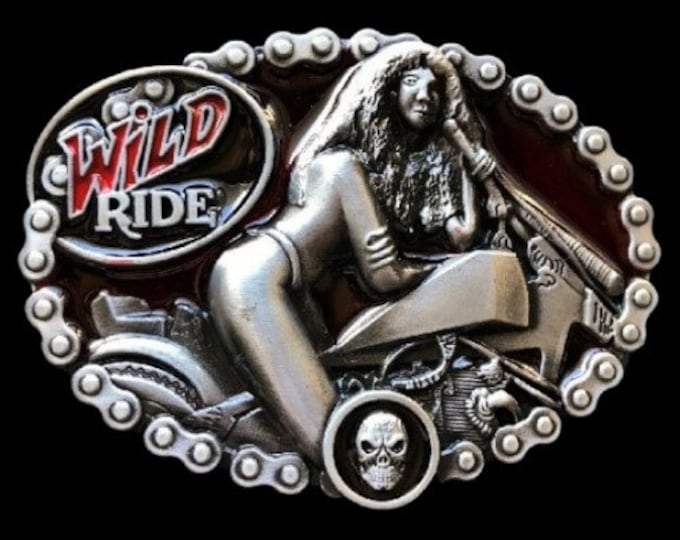 Wild Ride Motorcycle Skull Skeleton Woman Rider Belt Buckle Buckles