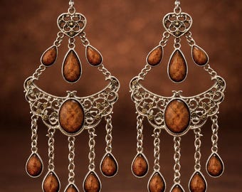 Earrings Orange Brown Stones Chandelier Gypsy Style Jewelry
