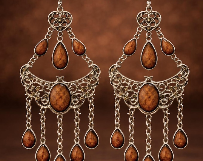 Earrings Orange Brown Stones Chandelier Gypsy Style Jewelry
